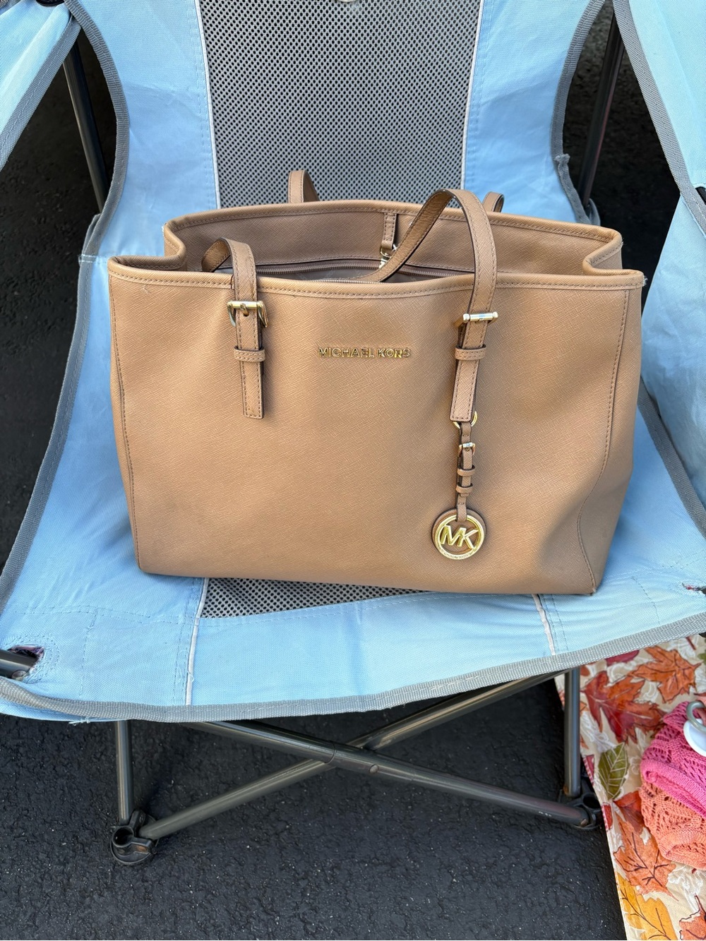 MICHAEL KORS Saddle Brown Leather Tote with Gold MK Charm